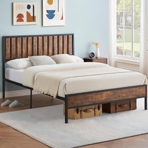 Garvee Bed Frame with Wood Headboard,Metal Platform Bed Frame with 14 Heavy Duty Steel Slats, Under Bed Storage, No Box Spring Needed, Brown - 1 of 4