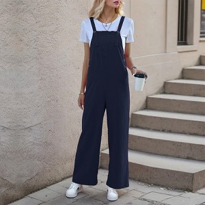 Coolmee Women's Jumpsuits Boho Wide Leg Button Overalls Casual Loose Fit Rompers with Pockets - 1 of 4