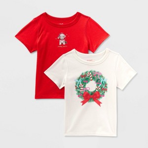 Toddlers 2pk Adaptive Short Sleeve Christmas 'Wreath/Puppy' Graphic T-Shirt - Cat & Jack™ Cream/Red - 1 of 3