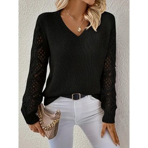 Womens V Neck Tops Lace Knit Long Sleeve Casual Pullover Sweater Top - 1 of 4