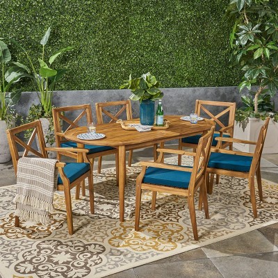 Pines 7pc Acacia Oval Wood Dining Set - Teak/Blue - Christopher Knight Home: Weather-Resistant, 6 Arm Chairs