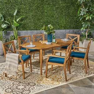 Pines 7pc Acacia Oval Wood Dining Set - Teak/Blue - Christopher Knight Home: Weather-Resistant, 6 Arm Chairs - 1 of 4