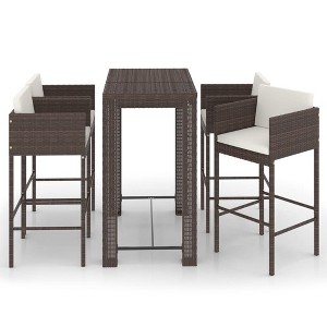 vidaXL Patio Bar Set - Weather-Resistant Poly Rattan in Brown with Cream White Cushions - Includes Bar Table and 4 Stools - 1 of 4