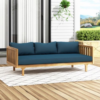 67.75" Patio Sofa, 3 Seater Outdoor Sofa with Rattan Arms, Acacia Wood Daybed with Water-Resistant Cushions -Christopher Knight Home