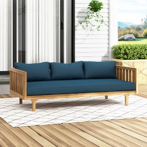 67.75" Patio Sofa, 3 Seater Outdoor Sofa with Rattan Arms, Acacia Wood Daybed with Water-Resistant Cushions -Christopher Knight Home - 1 of 4