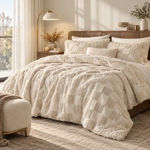 3Pcs King Size Beige Boho Tufted Bedding Checkered Farmhouse