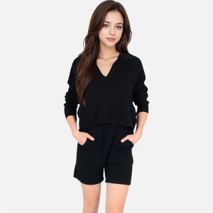 Anna-Kaci Women's Textured Long Sleeve Pullover and Shorts Set with Collared Neckline - 1 of 4