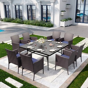 Captiva Designs 9pc Spacious Slat-top Square Metal Table with Umbrella Hole & Armrest Rattan Chairs with Cushions - 1 of 4