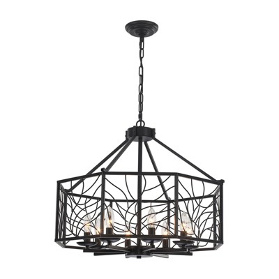 PAKOKULA Industrial Farmhouse 8-Light Black Candlestick Geometric Chandelier with Metal Cage Shade