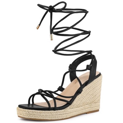 Allegra K Women's Square Toe Lace Up Platform Espadrilles Wedge Heel Sandals