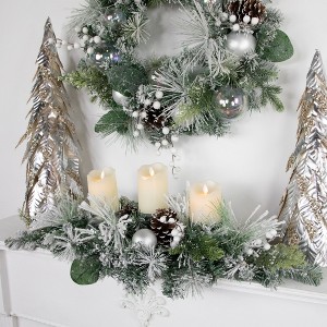 Northlight Flocked Pine Triple Candle Holder with Iridescent Christmas Ornaments - 30" - 1 of 4