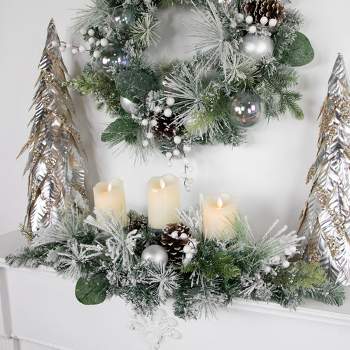 Northlight 30" Green Flocked Pine Triple Candle Holder and Iridescent Christmas Ornaments