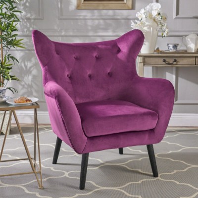 Fuchsia Velvet Wingback Accent Chair: Tufted, with Decorative Pillow, Ideal for Cozy Corners