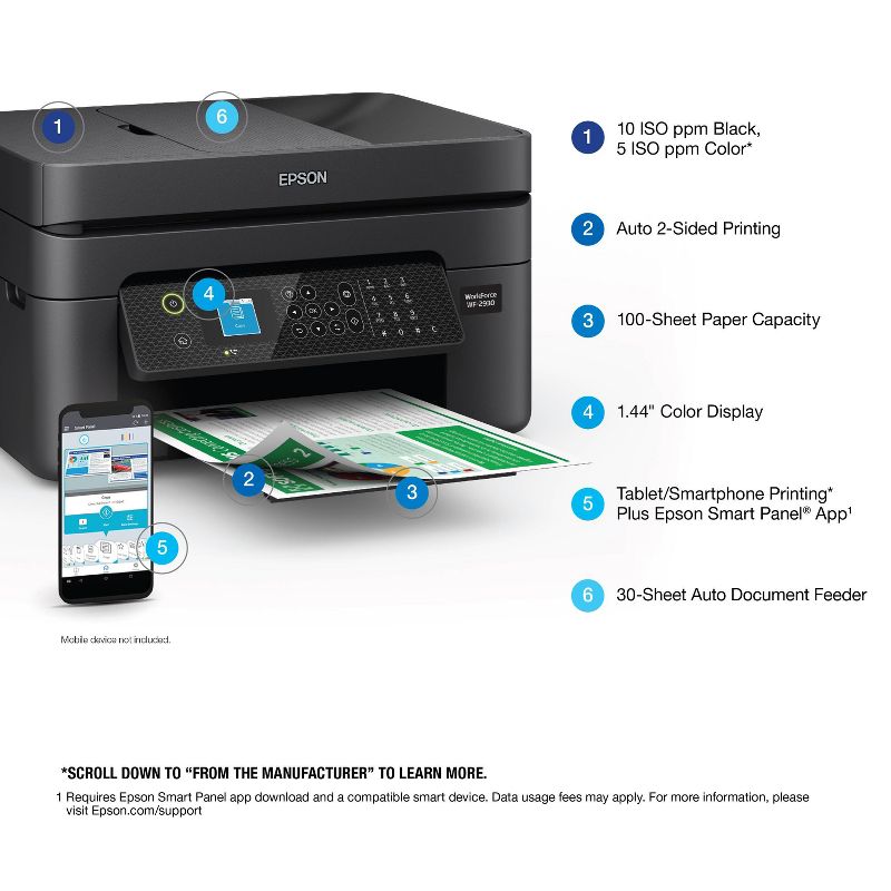 Epson WorkForce WF-2930 Wireless All-in-One Color Inkjet Printer, Copier, Scanner - Black, 5 of 8