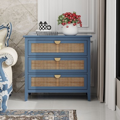 NicBex Natural Rattan 3 Drawer Cabinet Closet Organizers and Storage Dresser for Closet Chests of Drawers for Bedroom, Living Room, Blue