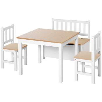 Qaba 4-Piece Kids Table Set with 2 Wooden Chairs, 1 Storage Bench, and Interesting Modern Design