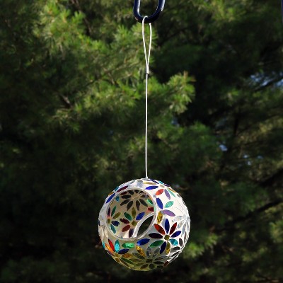 6-Inch Round Glass Mosaic Hanging Bird Feeder with Rainbow Daisies