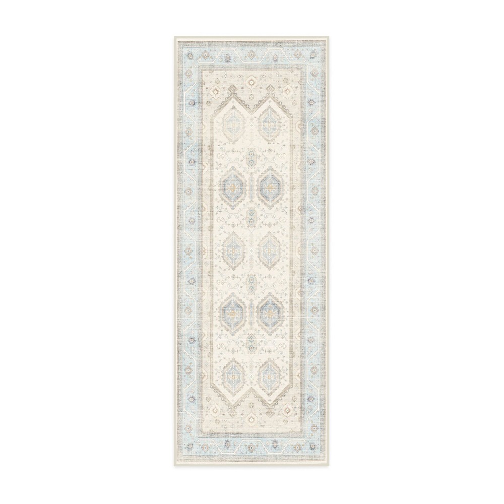 Ruggable 2'x7' Washable Bridgerton Crown Affair Opal Runner Rug Ivory/Blue