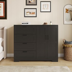 Wardrobe Closet with Drawers-43.3 in Wardrobe Armoire Closet with 4 Drawers and Hanging Rod, Low Storage Cabinet for Hanging Cloth and Double Doors - 1 of 4