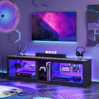 Black Marble 63-inch TV Stand with LED Lights and Glass Shelves