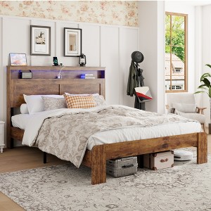 Queen Size Wood Platform Bed with Storage LED Light Headboard and Two USB Ports for Bedroom or Apartment - 1 of 4