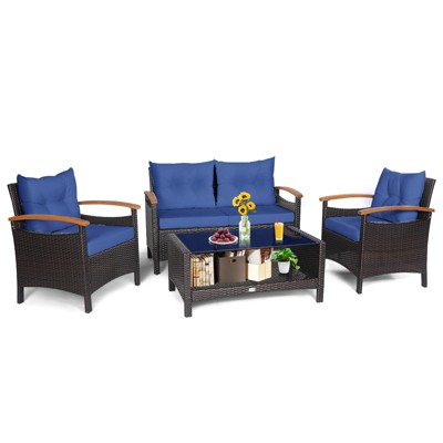 Tangkula Patio Rattan 4PCS Cushioned Chair Side Table Set Bistro Set Classic Furniture Single Sofa Thick Cushion Loveseat for Garden Off White/Navy