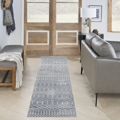 Astra Blue and Ivory Synthetic Trellis Runner Rug