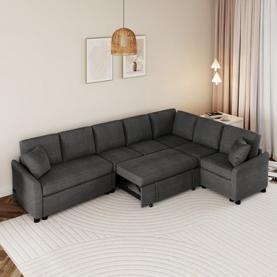 124.8"W L-Shaped Convertible Sofa, Pull Out Sofa Bed with 2 Back Pillows, 2 USB Ports and 2 Power Sockets 4B - ModernLuxe