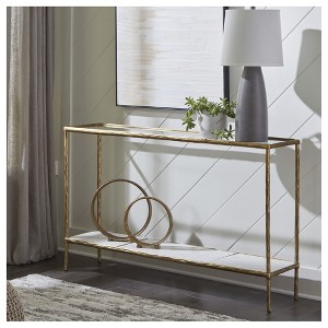 Signature Design by Ashley Ryandale Console Sofa Table, Antique Brass Finish with Glass Top & Marble Shelf - 1 of 4