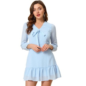Allegra K Women’s Ruffle Hem Bow Tie V Neck Long Sleeve Swiss Dots Mini Dress - 1 of 4
