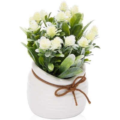 Juvale Artificial Flowers, Fake Faux Plants with Small White Vase for Indoor Room Spring Home Decor, 3.5 x 6 in