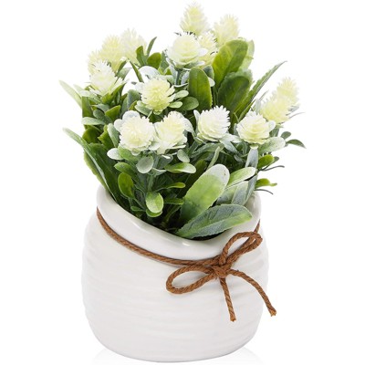 Juvale White Artificial Flowers with Vase, Flower Decorations for Bathroom, Fake Faux Plants with Small White Vase, 3.5 x 6 In