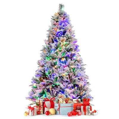 Tangkula 4.5/6/7 FT Pre-lit Artificial Christmas Tree, Snow-flocked Xmas Tree with 160/240/320 Multi-color LED Lights, 8 Lighting Modes
