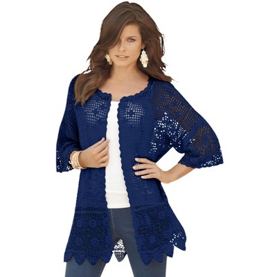Roaman's Women's Plus Size Scallop Trim Crochet Cardigan