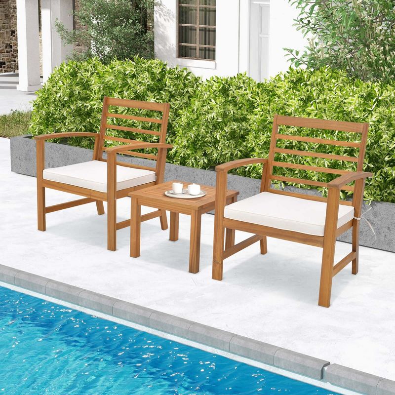 Costway 3 PCS Outdoor Furniture Set Acacia Wood Conversation Set with Soft Seat Cushions White/Grey/Navy, 4 of 11