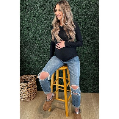 PinkBlush Blue Distressed Knee Rolled Hem Maternity Straight Leg Jeans
