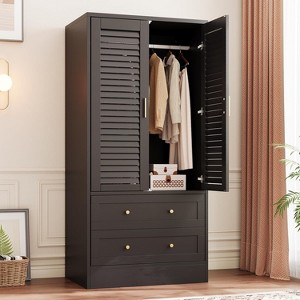 65" Wooden Armoire Wardrobe Closet with Hanging Rod, Modern Clothing Storage Cabinets with 2 Doors and 2 Drawers, for Bedroom, Cloak Room - 1 of 4
