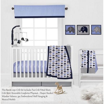 Bacati - Elephants Blue/Navy/Gray 10 pc Crib Bedding Set with 2 Crib Fitted Sheets