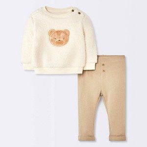 Baby Boys' 2pc Bear Faux Shearling Sweatshirt and Ribbed Pants Set - Cloud Island™ Cream - 1 of 4