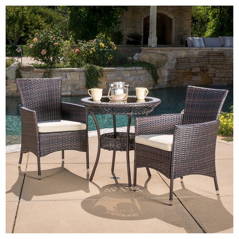 Parker 3 Piece Wicker Patio Bistro Seating Set with Cushions Brown Christopher Knight Home