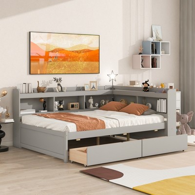 Full Size Bed With L-shaped Bookcases, Pine Wood Platform Full Bed Frame With 2 Storage Drawers For Bedroom