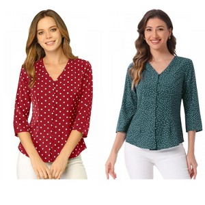 INSPIRE CHIC Women's Polka Dots 3/4 Sleeve Casual Button Front Shirt 2 Pieces - 1 of 4