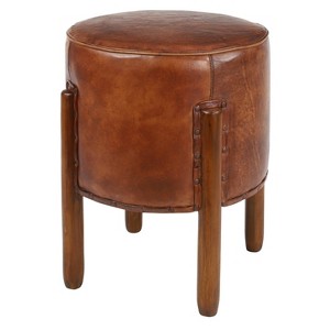 Traditional Leather Stool Brown - Olivia & May: Round Wood Frame, No Assembly, Spot Clean - 1 of 4