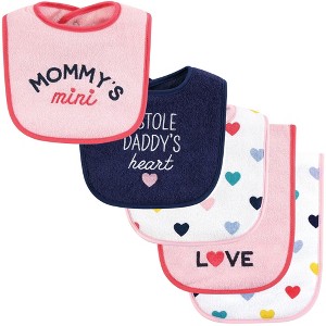 Hudson Baby Infant Girl Cotton Terry Bib and Burp Cloth Set, Bold Mom Dad, One Size - 1 of 4