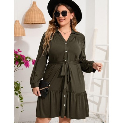 Coolmee Women's Plus Size Dress Long Sleeve Button Front Belted Shirt Dress V Neck Ruffle Midi A Line Shirt Dress