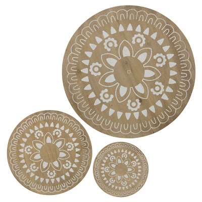 StyleCraft Set of 3 Round Wood Wall Arts Brass: Traditional Decor, Embroidered, Includes Mounting Hardware