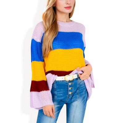 Anna-Kaci Women's Striped Knit Sweater with Bell Sleeves and Colorful Details for Casual Looks
