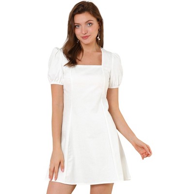 Allegra K Women's Elegant Square Neck Solid Color Puff Sleeve A-Line Short Dress