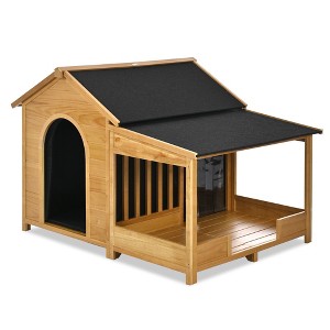 Okak 60.2IN Large Outdoor Dog House with Porch and Asphalt Roof, Dog Kennel with Insulated Liner and Elevated Floor for Medium & Large Dogs, Natural - 1 of 4