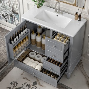 36-Inch Bathroom Vanity with Ceramic Sink MDF & Solid Wood Base 3 Drawers & Cabinet - 1 of 4